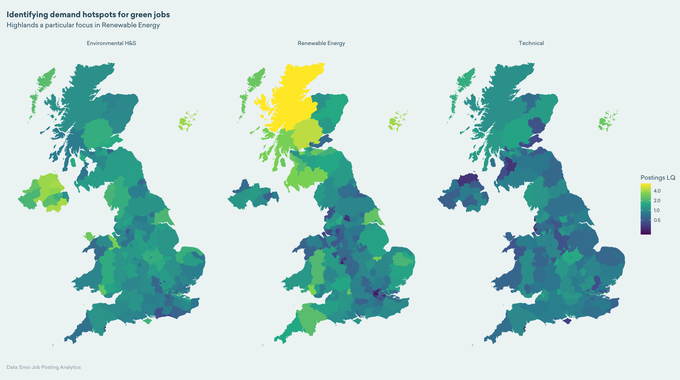 three maps of the UK, highlighting the potential for renewable energy jobs in Scotland.